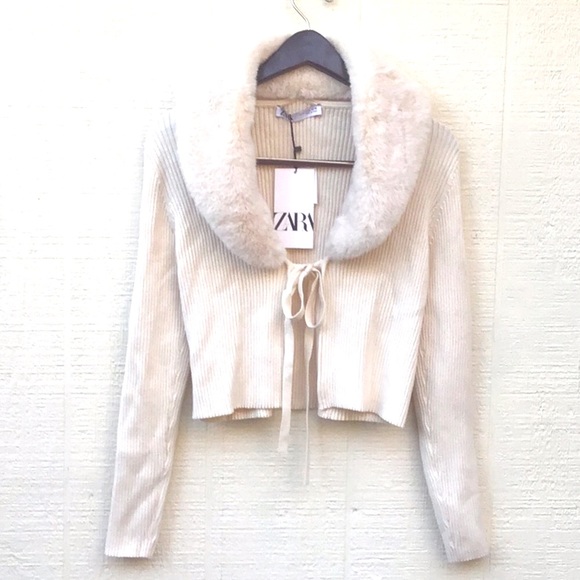 Zara faux fur lapel collar knit ribbed front tie cardigan
